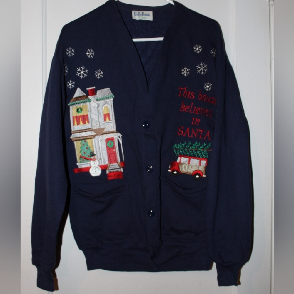 COPY - Vintage Belle Pointe Ugly Christmas Sweater Navy Snow House Truck Embroi…